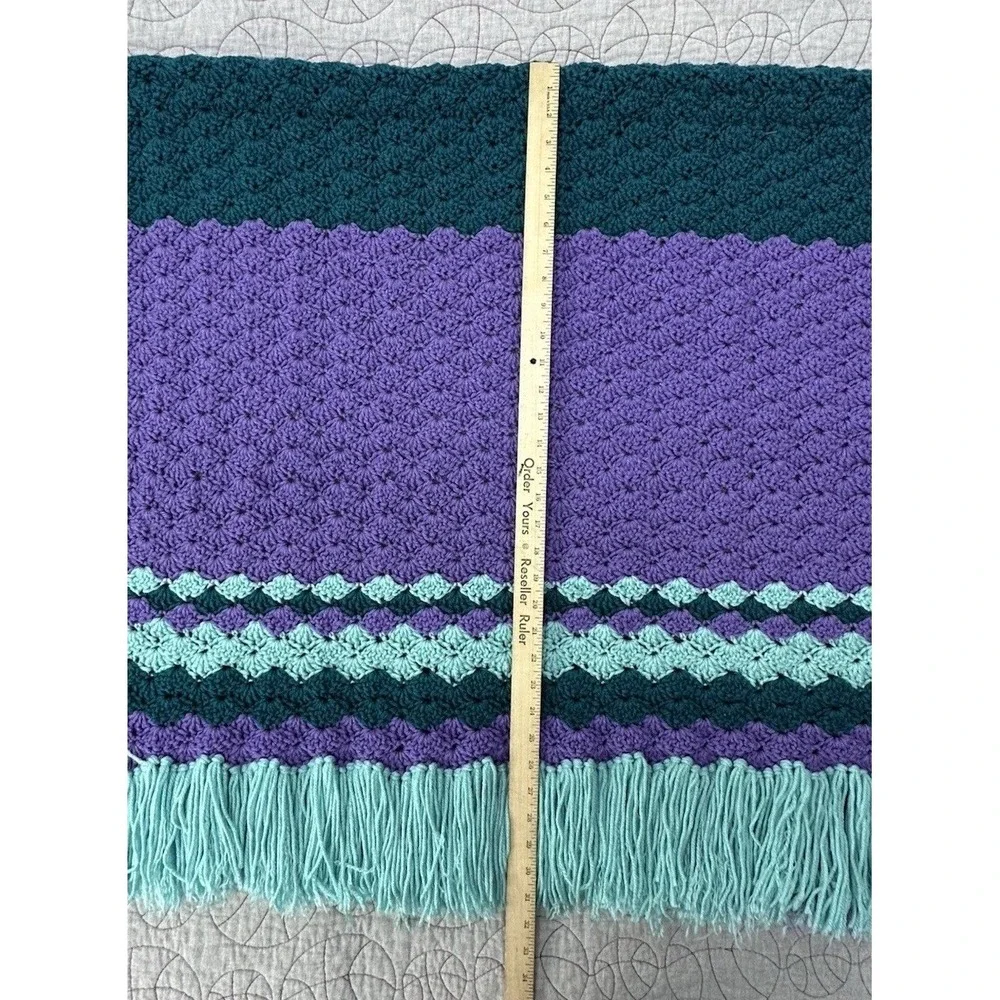 Handmade Crochet Afghan Throw Blanket Teal Purple Fringe Granny Stitch 70s Style